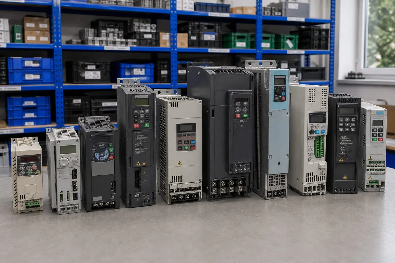 Frequenzumrichter verschiedener Größen auf einer Werkbank