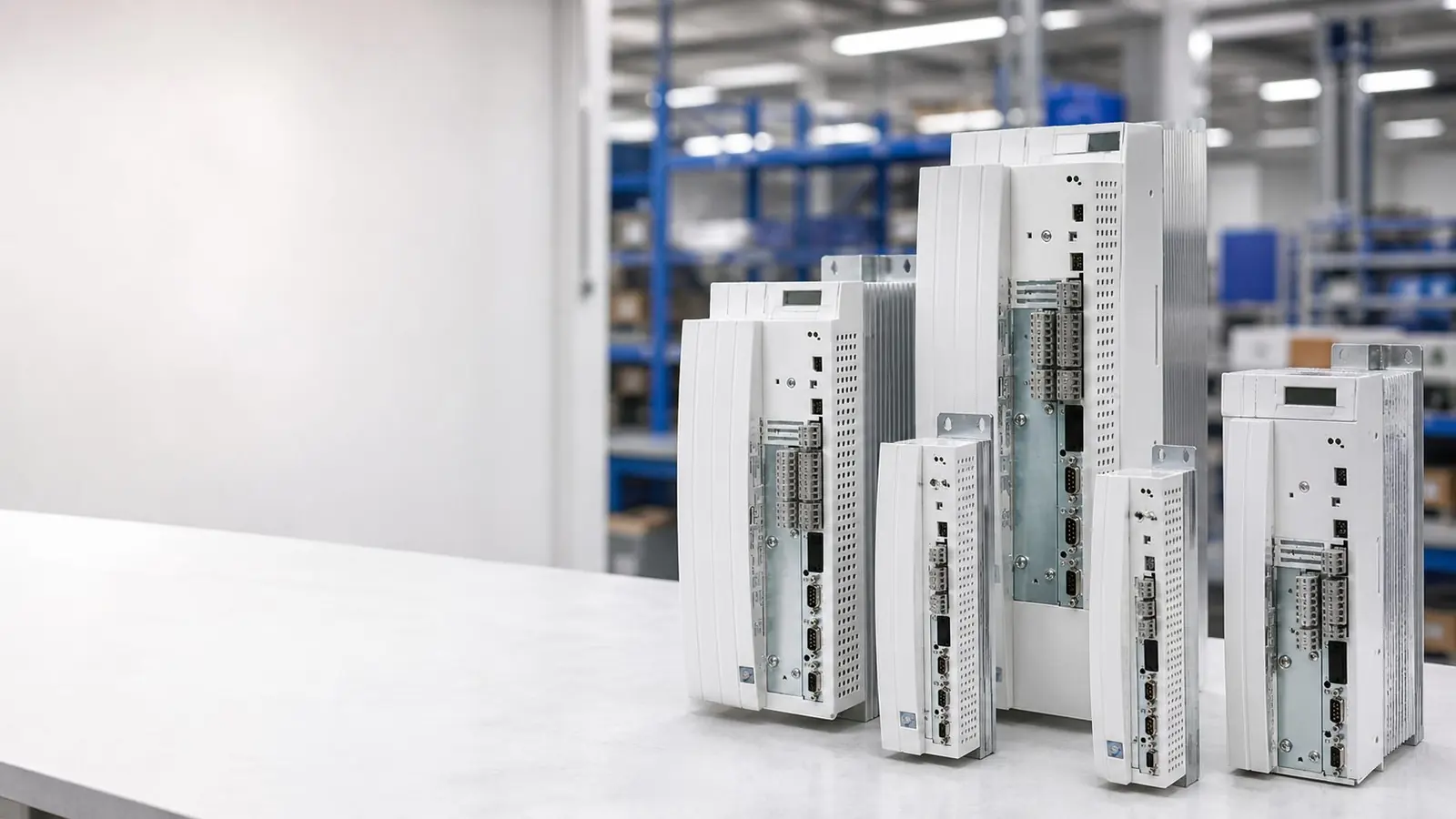 Lenze Frequenzumrichter auf einer Werkbank im Lager